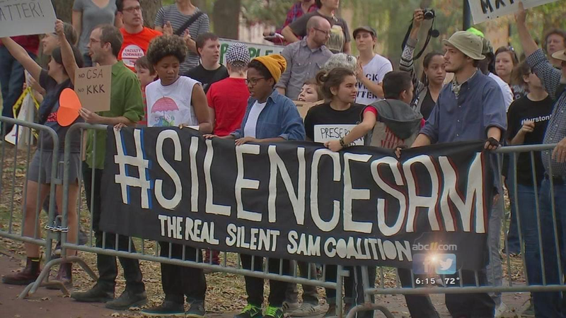 The “Silent Sam” statue at the University of North Carolina was erected in 1913 as a memorial to UNC students who died in the Civil War. Students have been staging protests, such as this one in 2015, seeking to remove it. Black students say it insults slaves who built the original UNC campus. (WTVD-TV, Raleigh)